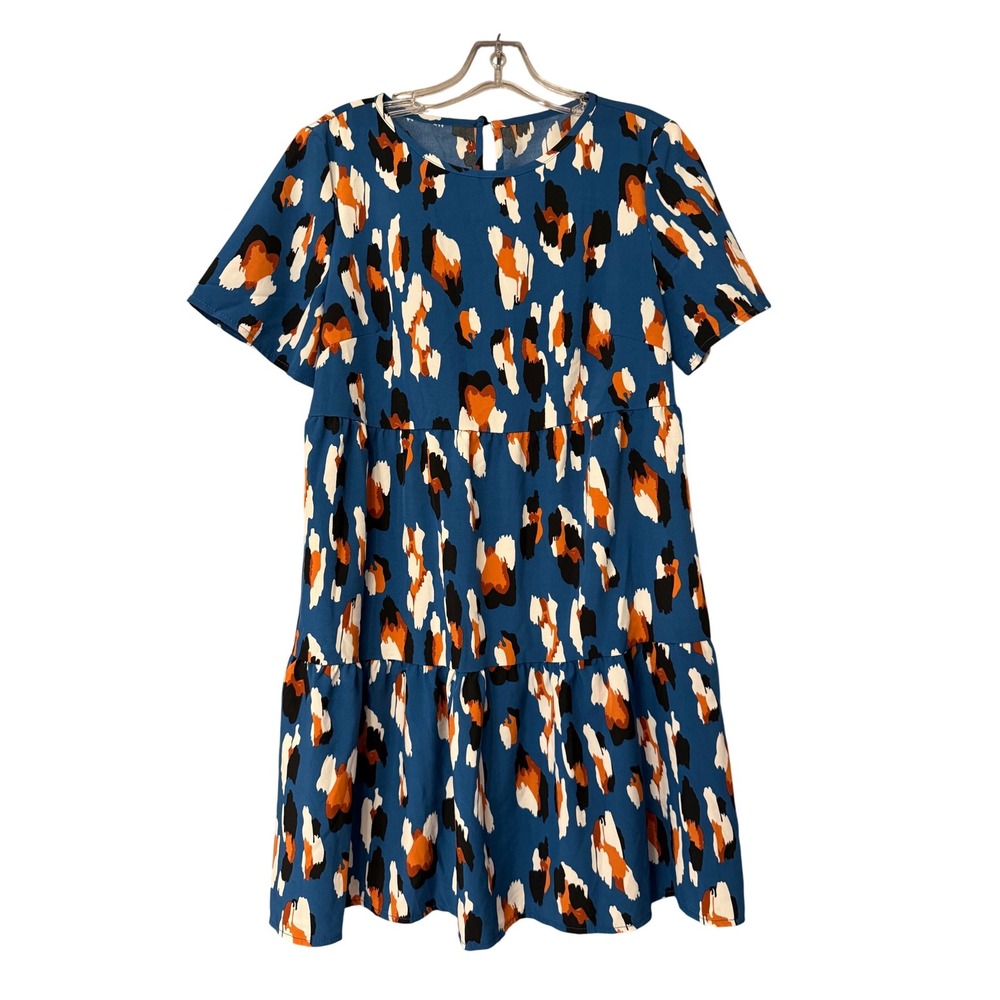 OIBILI Women's Blue‎ Tiered Short Sleeve Dress Abstract Print Size S